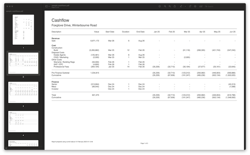 Beautifully formatted PDF report displaying a 
                      detailed project summary, cash flow analysis, and financial breakdown.
